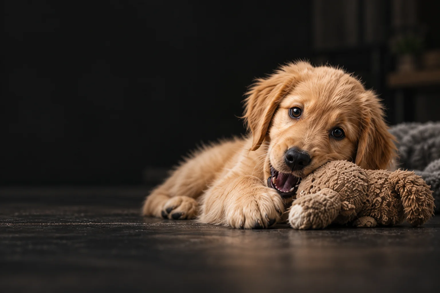 A golden puppy chewing a soft toy