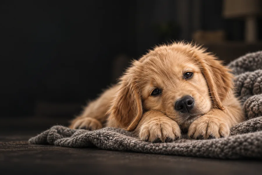 A golden puppy resting on a soft blanket
